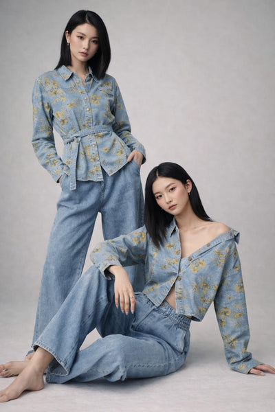 Elegant Floral Denim Co-Ord Set for Women