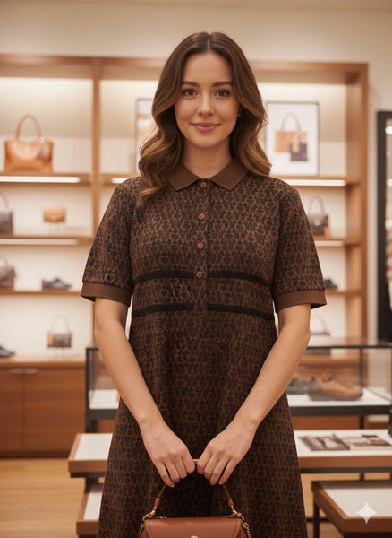 Elegant Women’s Brown Printed Polo Dress Classic Chic Everyday Wear