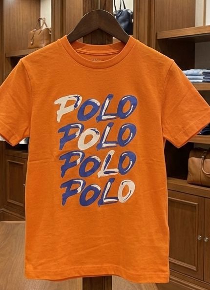 Kids Orange Graphic Print T-Shirt with “Polo” Text Design