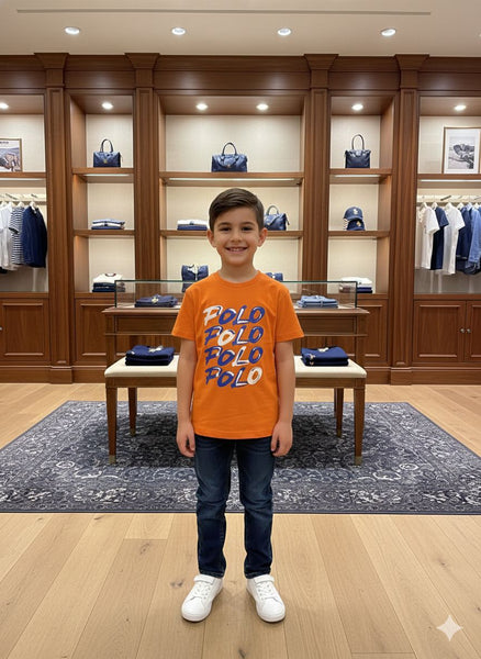 Kids Orange Graphic Print T-Shirt with “Polo” Text Design
