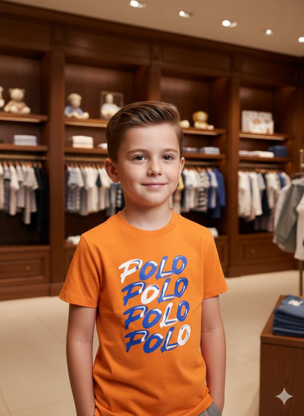 Kids Orange Graphic Print T-Shirt with “Polo” Text Design