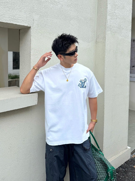 Premium White  Minimal Logo Drop Shoulder T-Shirt