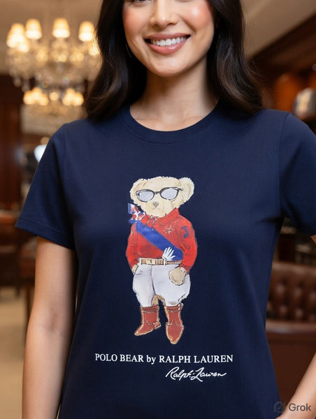 Premium Polo Bear Graphic Navy Blue T-Shirt for Women