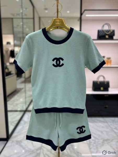 Luxury Mint Green Co-Ord Knit Set with Logo Detail for Women