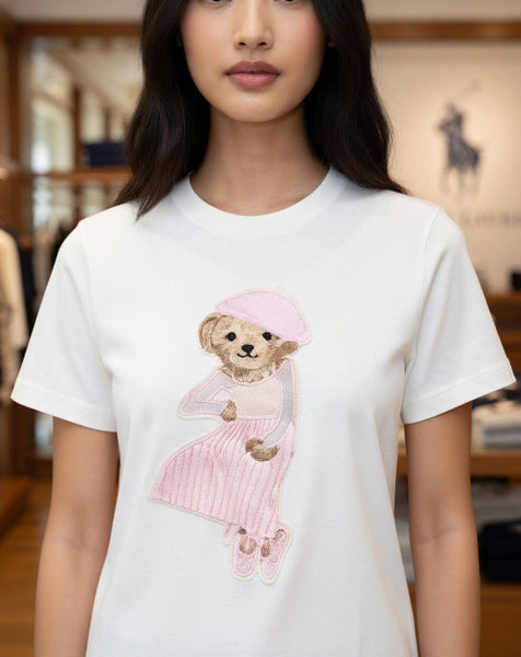 Premium Chic White Embroidered Bear T-Shirt For Women
