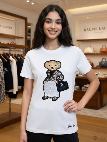 Luxury Imported  Teddy Bear Embroidered T-Shirt for Women