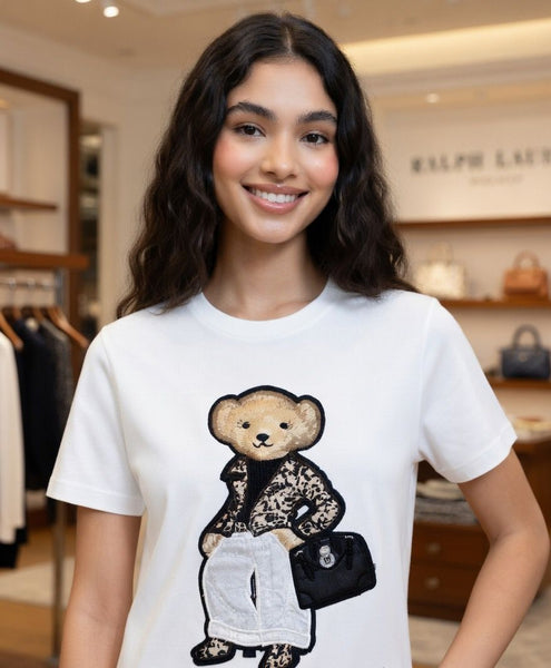 Luxury Imported  Teddy Bear Embroidered T-Shirt for Women