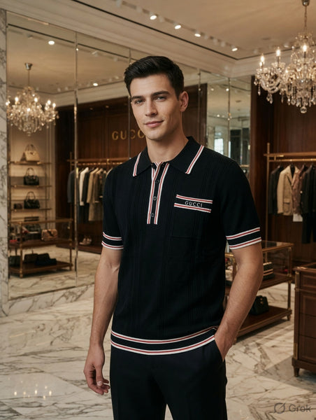 Men’s Premium Black Polo T-Shirt with Web Stripe Detail