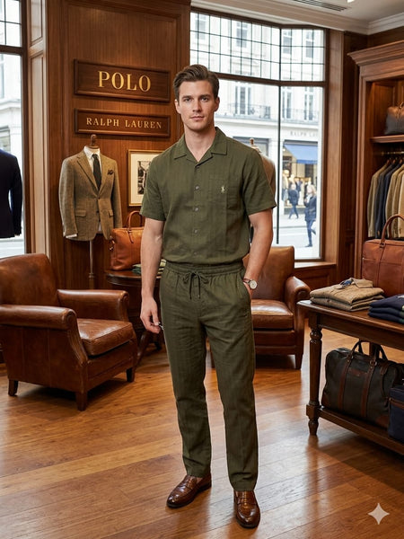 Premium Dark Olive Pinstripe Co-ord Set for Men