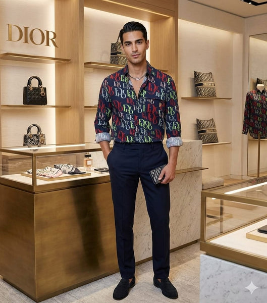 Luxury Monogram Print Designer Shirt  Premium Navy Blue Casual Wear