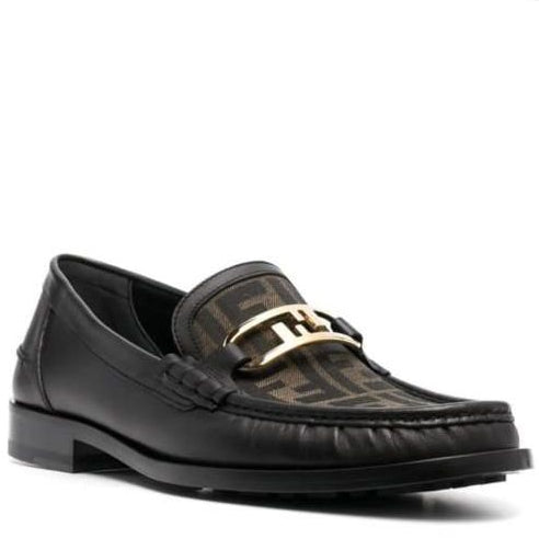 O’Lock Black Leather Loafers for Men Luxury Designer Slip-On Shoes with FF Monogram Detail