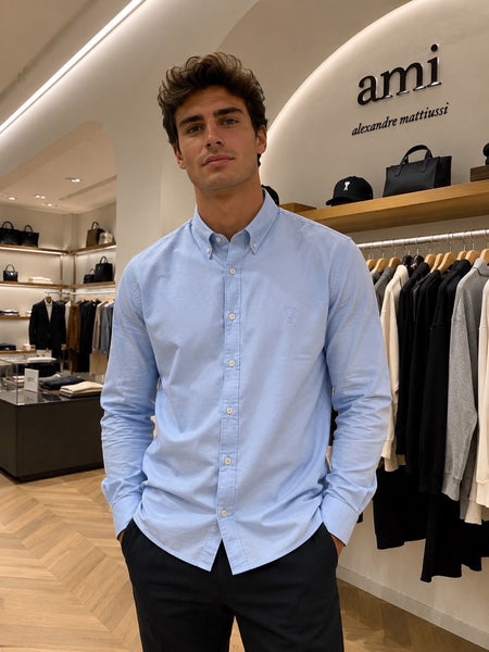 Luxury Sky Blue Embroidered Chest  Shirt For Men