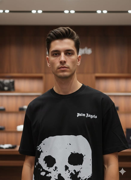 Men's Black Oversized Skull Graphic Print T-Shirt Premium Streetwear Round Neck Tee