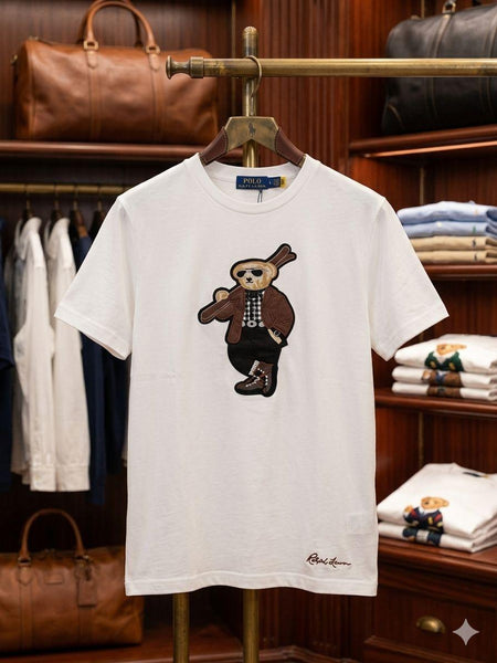Women’s Premium White Embroidered T-Shirt Trendy Teddy Bear Casual Tee