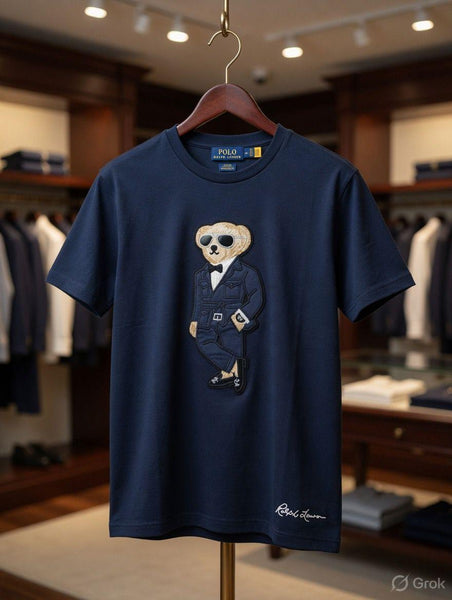 Women's Elegant Bear Embroidered Navy Blue T-Shirt