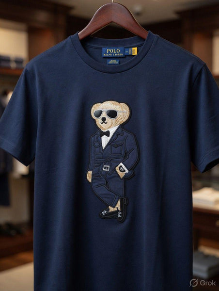 Women's Elegant Bear Embroidered Navy Blue T-Shirt