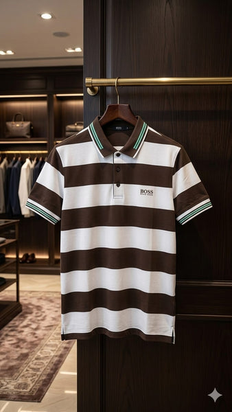 Men's Premium Brown & White Striped Polo T-Shirt – Classic Casual Fit