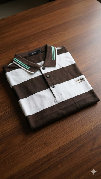 Men's Premium Brown & White Striped Polo T-Shirt – Classic Casual Fit