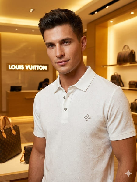 Men's Premium White Monogram Polo T-Shirt Luxury  Smart Casual Wear