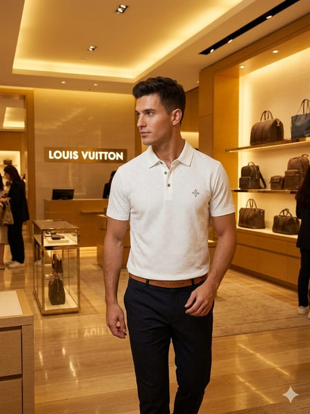 Men's Premium White Monogram Polo T-Shirt Luxury  Smart Casual Wear