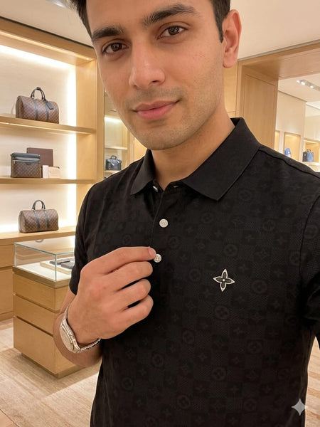 Premium Black Monogram Polo T-Shirt For Men