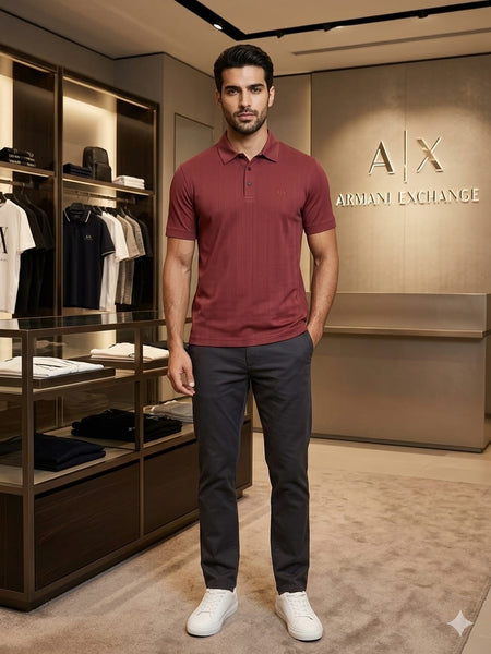 Premium Textured Polo Shirt Elegant Maroon Casual Fit