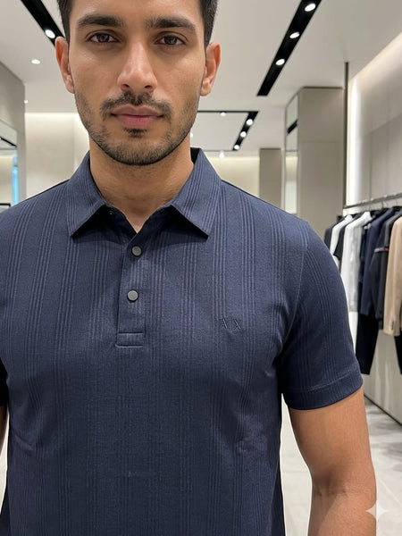 Premium New Edition Textured  Navy Blue Polo T-Shirt  For Men