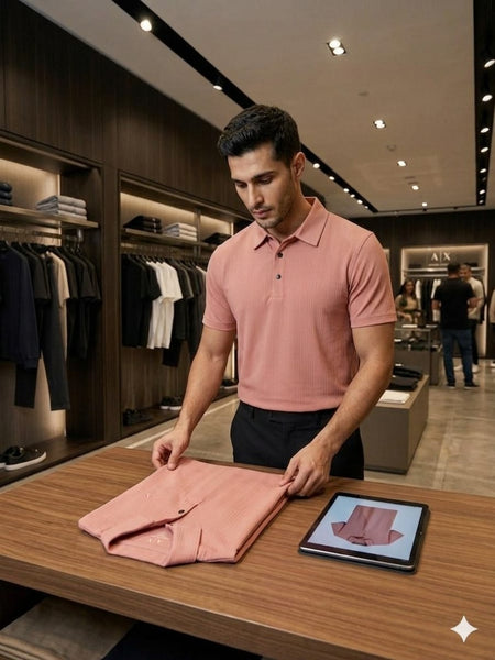 Luxury Textured Polo Shirt Elegant Pink Regular  Fit