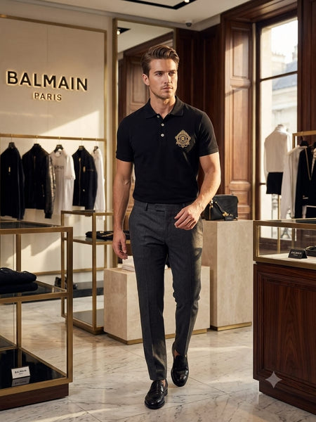 Classic Black Polo T-Shirt with Gold Crest Logo