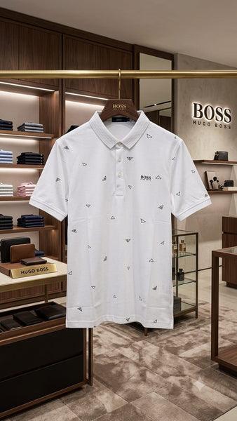 Branded  Premium White All Over Logo Printed Polo T-Shirt