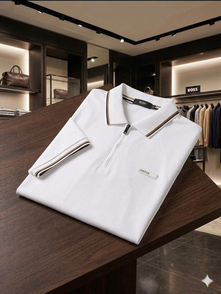Premium Brand Signature White Zip Polo T-Shirt for Men