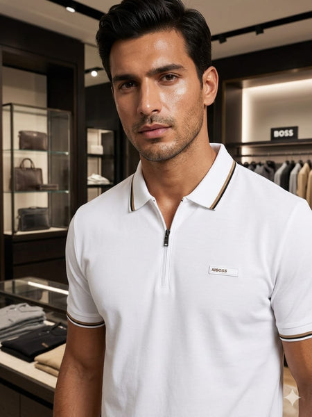 Premium Brand Signature White Zip Polo T-Shirt for Men