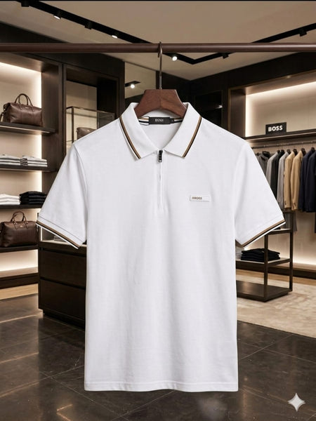 Premium Brand Signature White Zip Polo T-Shirt for Men