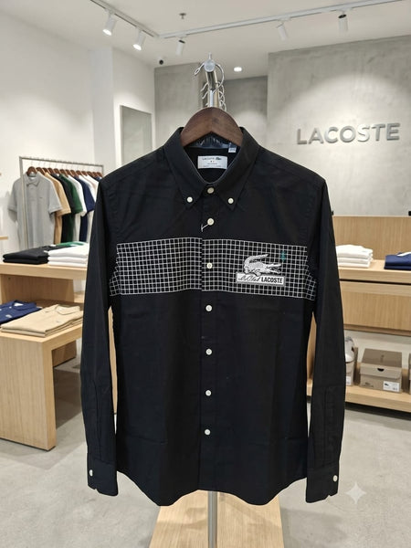 Premium Black Button-Down Shirt – Modern Grid Logo Casual Wear