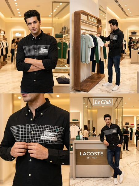 Premium Black Button-Down Shirt – Modern Grid Logo Casual Wear