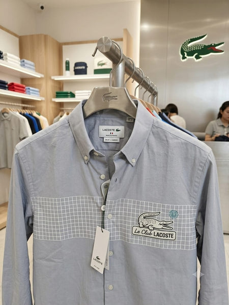 Luxury Grey Button-Down Shirt  Modern Grid Logo Casual Wear