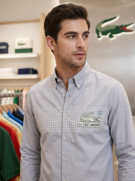 Luxury Grey Button-Down Shirt  Modern Grid Logo Casual Wear