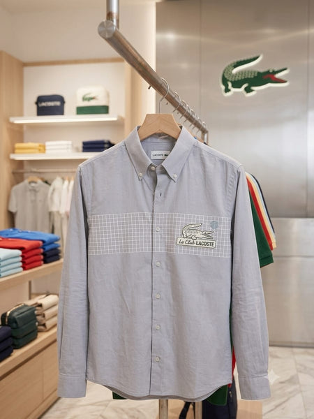 Luxury Grey Button-Down Shirt  Modern Grid Logo Casual Wear