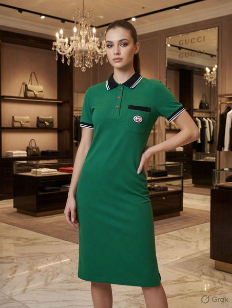 Women's Elegant Green Polo Collar Midi Dress – Smart Casual Comfort Wear