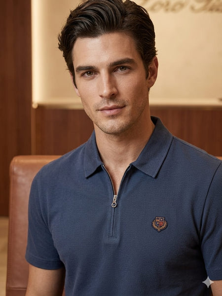 Premium Classic Navy Blue  Half-Zip Polo Shirt