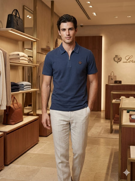Premium Classic Navy Blue  Half-Zip Polo Shirt