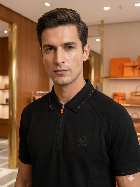 Luxury Black Zip-Collar Polo T-Shirt for Men – Premium Modern Fit