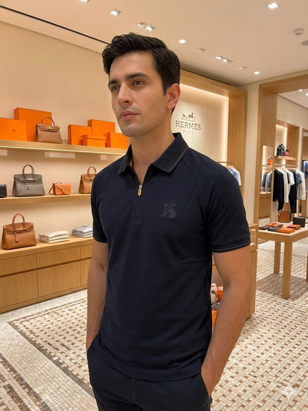 Designer Navy Blue Half-Zip Polo Shirt  Elegant Casual Wear for Men