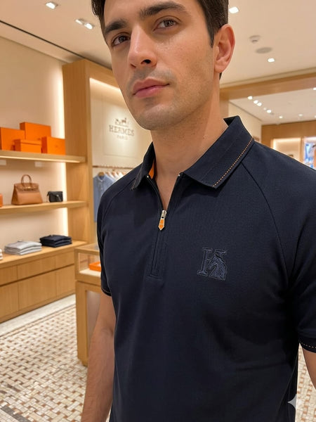 Designer Navy Blue Half-Zip Polo Shirt  Elegant Casual Wear for Men