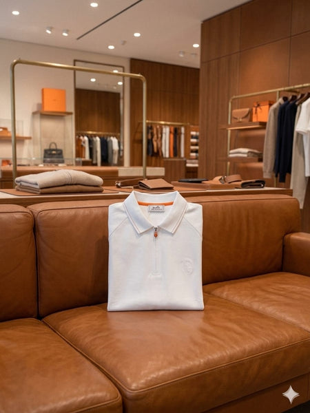 Luxury Designer White Half-Zip Polo Shirt  For Men