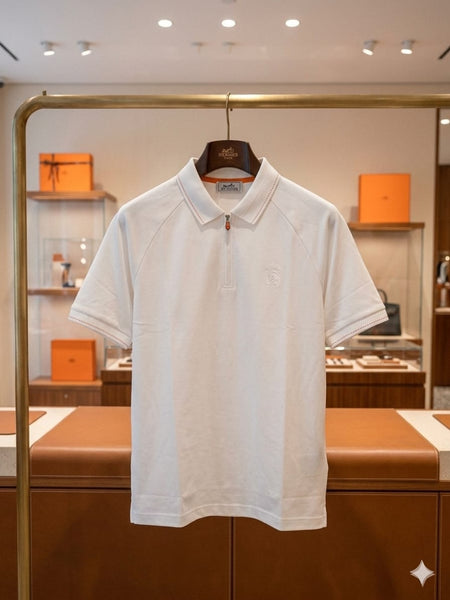 Luxury Designer White Half-Zip Polo Shirt  For Men