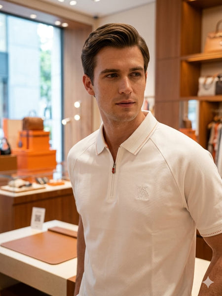 Luxury Designer White Half-Zip Polo Shirt  For Men
