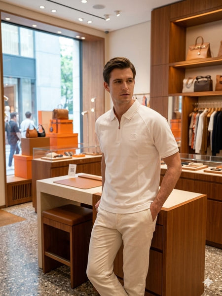 Luxury Designer White Half-Zip Polo Shirt  For Men