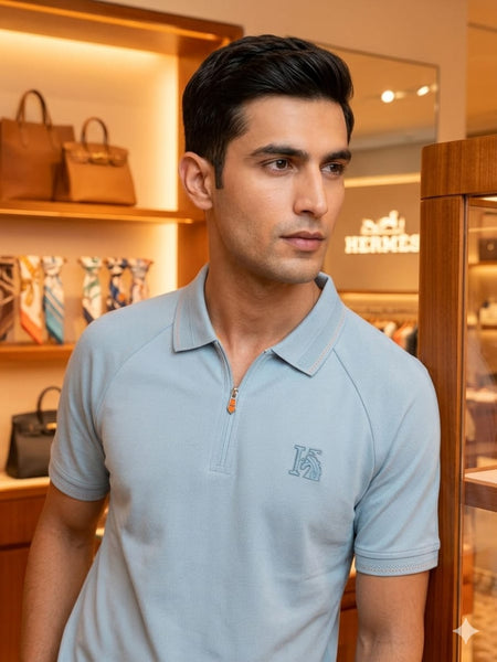 Premium Modern Fit Sky blue  Zip-Collar Polo T-Shirt for Men