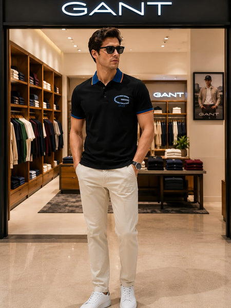 Smart Casual Black Polo Tee with Contrast Brown Collar